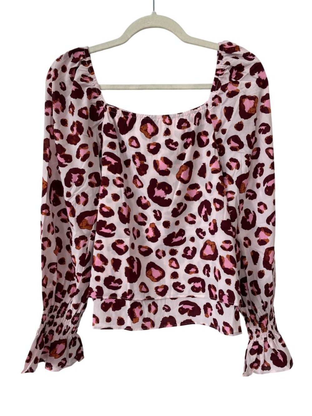 Grace + Emma Blouse Medium Long Sleeve Square Neck Leopard Print Pink Burgundy
